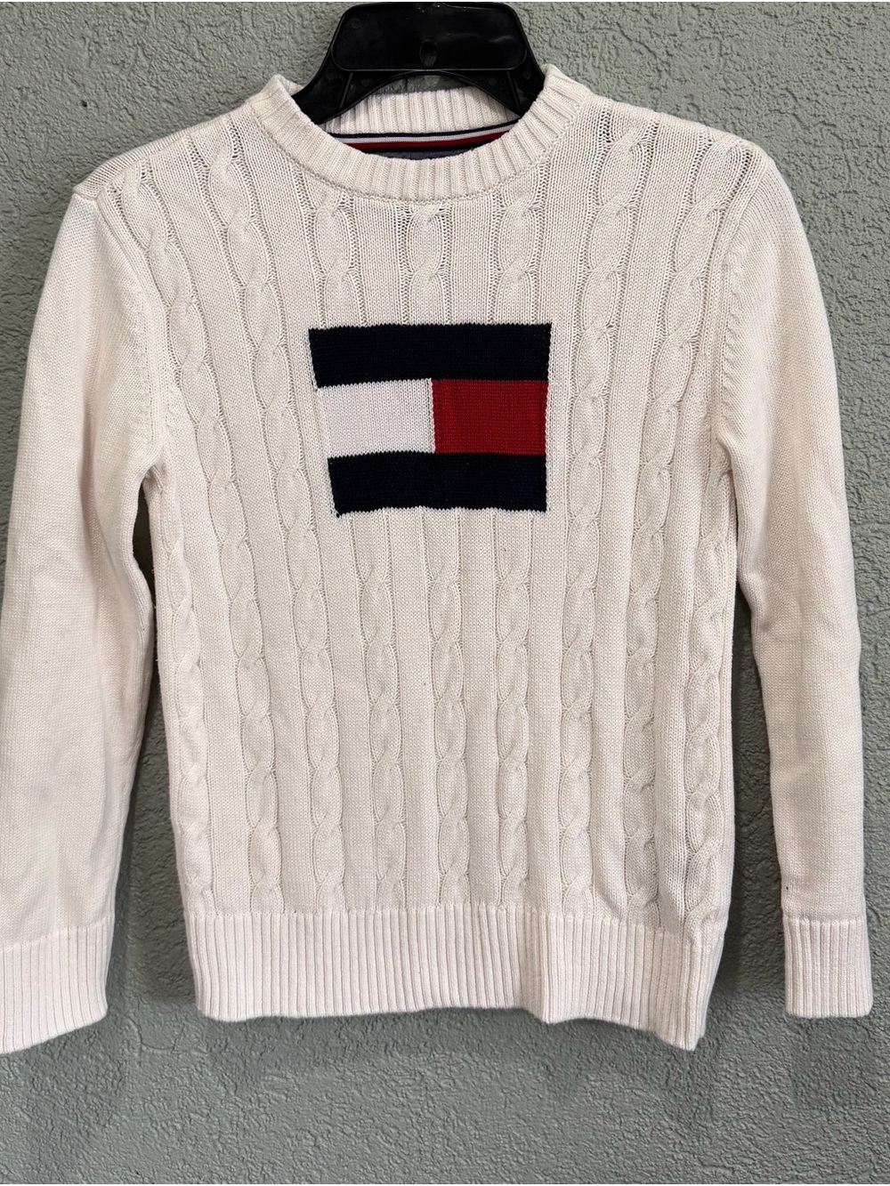 Tommy Hilfiger Cream Cable-Knit Crewneck with Red & Navy Flag